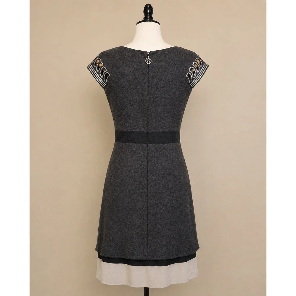 Tory Burch Wool Silk Layered Hem Dress XS Grey Sequin Embellished Excellent